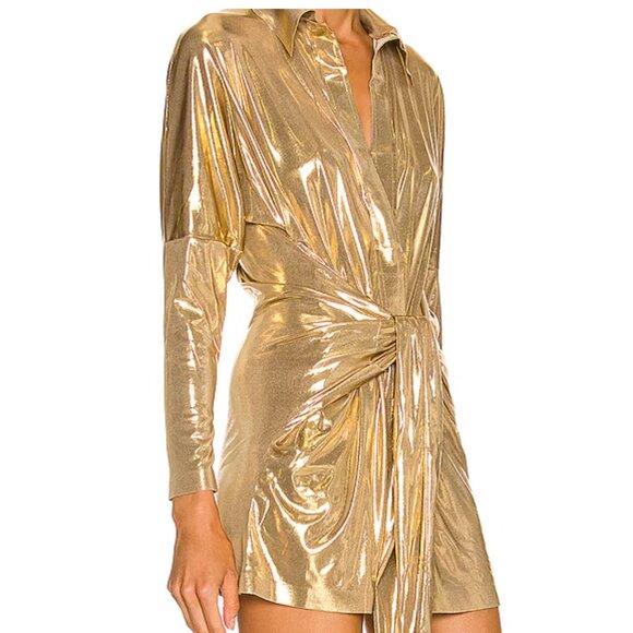 Norma Kamali Shimmery Gold Mini Shirt Dress - Picture 2 of 3